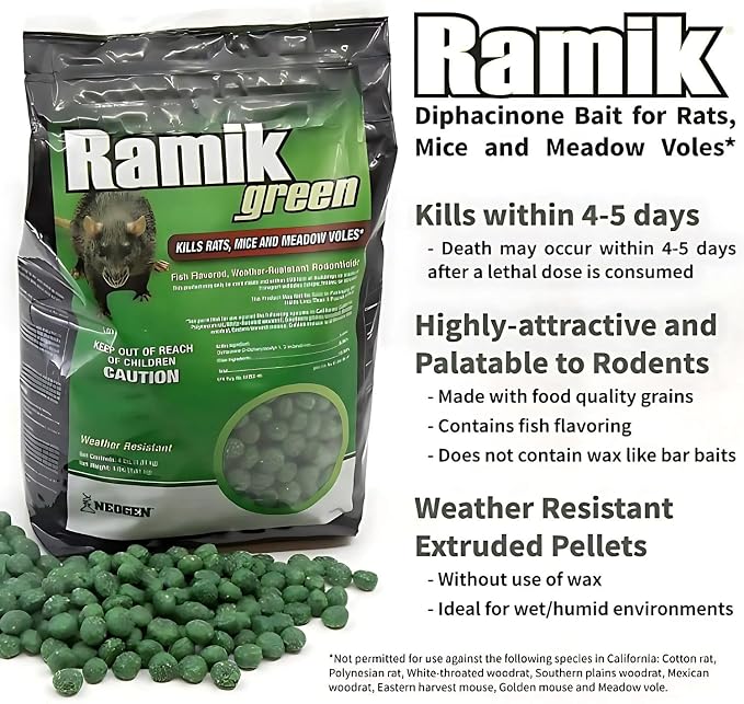 Neogen Ramik Green Fish Flavored Weather Resistant Rodenticide Nuggets, 4 lb bag (00615)