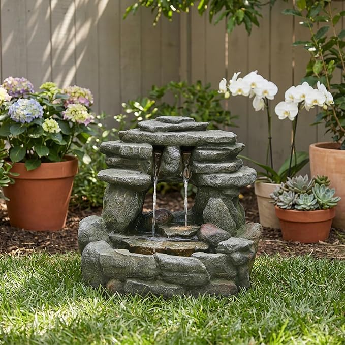 Bumilgar 15.6" H Small Garden Outdoor Rock Water Fountain with LED Lights, 3-Tier Cascading Waterfall Fountain for Patio, Porch, Backyard & Indoor Home Decor