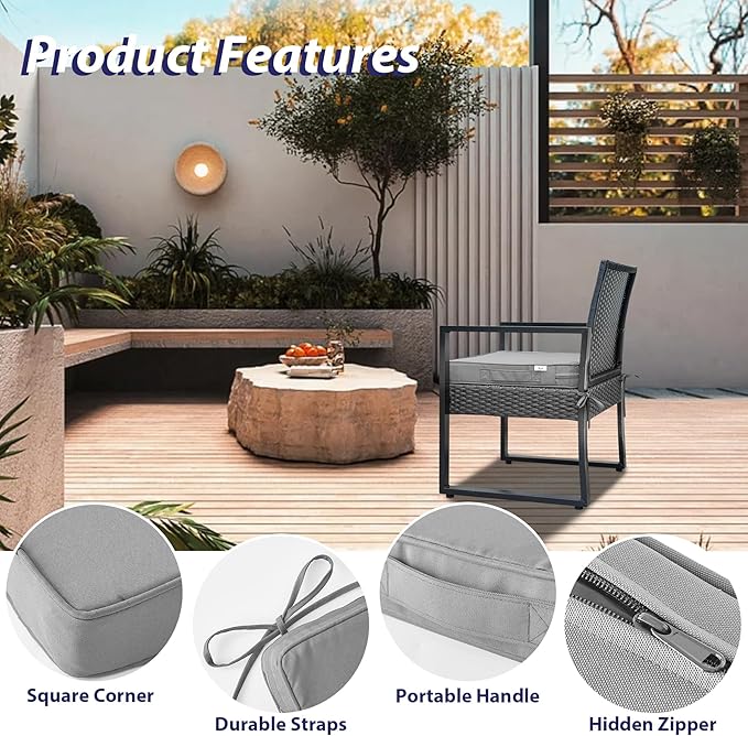 IPYNBAP Outdoor Chair Cushions Set of 4 -Waterproof Outdoor Seat Cushions for Patio Furniture, Patio Chair Cushion with Handle and Ties, Square Out Door Chair Pads,18.5" x 16" x 3", Grey