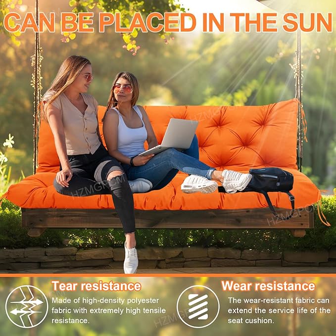 Premium 5" Thick Waterproof Outdoor Swing Cushions Sturdy Durable 2 Seat Replacement Porch Swing Cushions with Backrest&Ties Bench Cushion for Outdoor Furniture Backyard Patio (Orange)