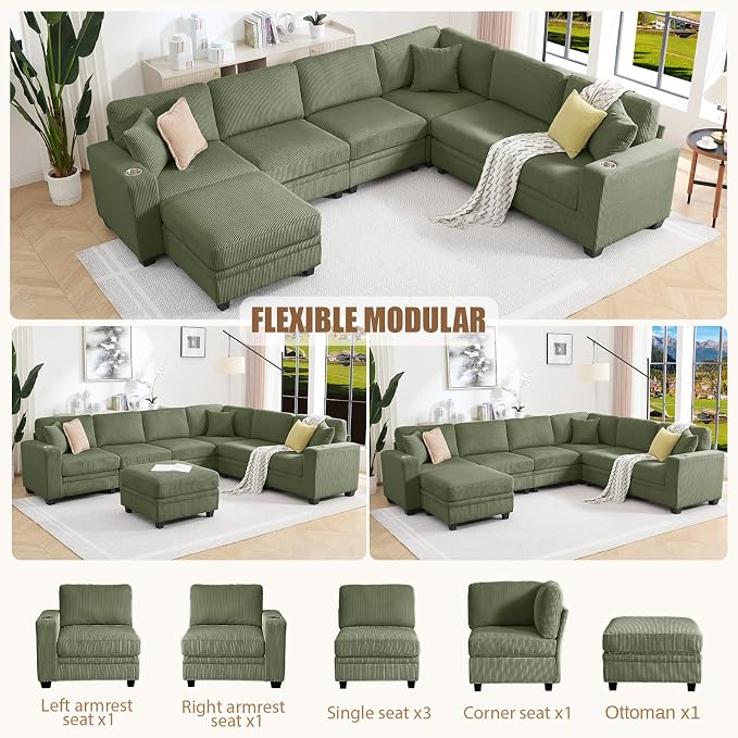 127" Modular Sectional Couch with Storage, Corduroy 7-Seater V Shaped Sofa with Ottoman Chaise, Removable Sofa Cover, Cloud Modular Sofas for Living Room, Apartment