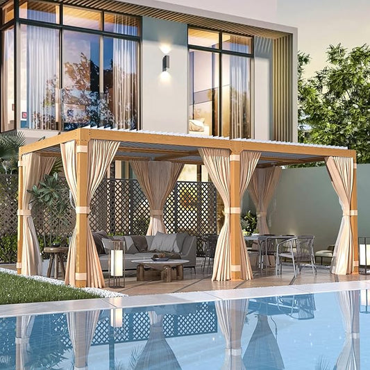 EROMMY Louvered Pergola 10x20, Outdoor Aluminum Pergola with Adjustable Rainproof Roof for Garden, Patio, Deck, Waterproof Curtains and Netting Included, Wood Grain