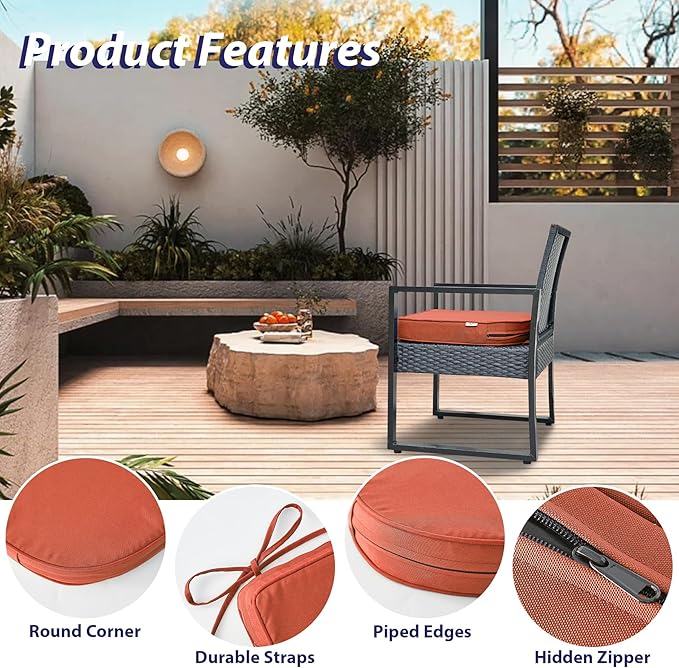 IPYNBAP Outdoor Chair Cushions Set of 4 -Waterproof Outdoor Seat Cushions for Patio Furniture, Patio Chair Cushion with Handle and Ties, Round Out Door Chair Pads,18.5" x 16" x 3", Spice