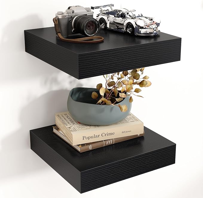 12 Inch Floating Shelves for Wall, Square Storage Shelves, Black Finish
