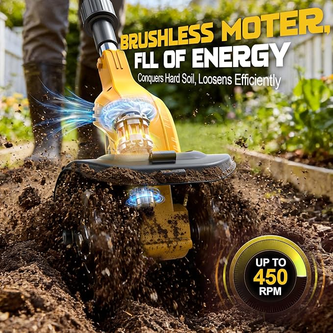 Cordless Tiller Cultivator Compatible with Dewalt 20V Battery(Tool Only), 450RPM Electric Tiller for Gardening, 9"x6.3" Tilling, 48 Reinforced Steel Tines Rototiller for Lawn/Soil Cultivation