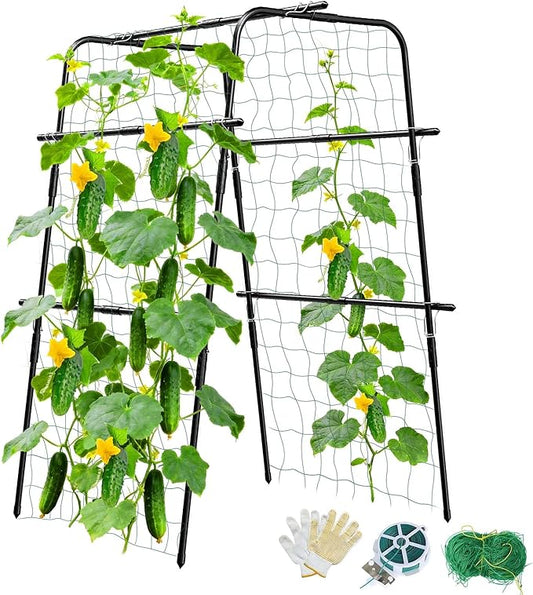 Cucumber Trellis for Raised Bed and Garden, 47" H x 31" W U-Shaped Metal Garden Trellis for Climbing Plants with Nylon Netting, Vegetable Support Frame