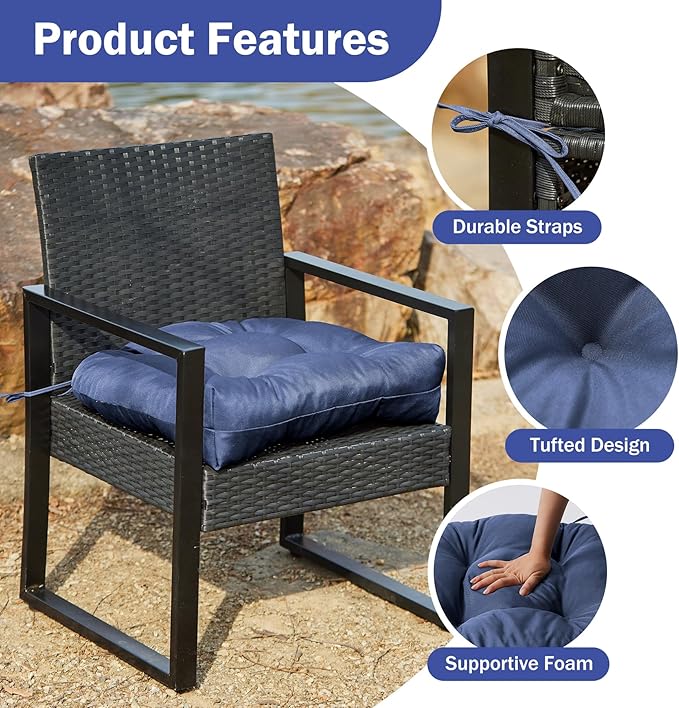 IPYNBAP Outdoor Chair Cushions Set of 2, Patio Chair Cushions with Ties, 19x19+5” Tufted Outdoor Seat Cushions, Waterproof Patio Furniture Cushions, Outdoor Dining Chair Pads, Navy (Pack of 2)
