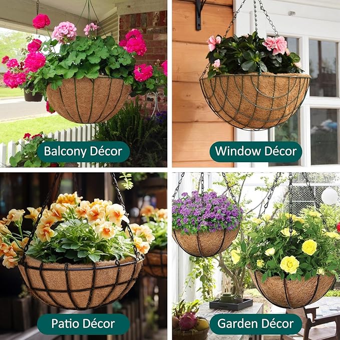 GROWNEER 6 Pcs 14in Coconut Fiber for Plants Round Hanging Basket Liner Wall Planter Insert Replacement Coco Coir Liner for Window Box, Fence Flower Baskets Pot for Porch, Patio & Garden (6, 14 inch)