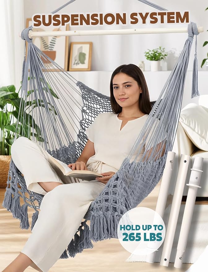 Chihee Hammock Chair Handmade Hanging Chair Cotton Rope Woven Hanging Seat Soft-Spun Large Stretch Hammock Swing, Collapsible Strong Metal Spreader Bar Elegant Macrame Comfort Indoor Outdoor Garden