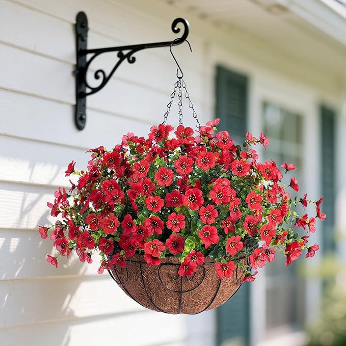 Ammyoo Artificial Faux Hanging Plants Flowers Basket for Spring Outdoor Decoration, Fake Silk Daisy UV Resistant Look Real with Eucalyptus Leaves Summer Outside Decor for Home Patio Garden