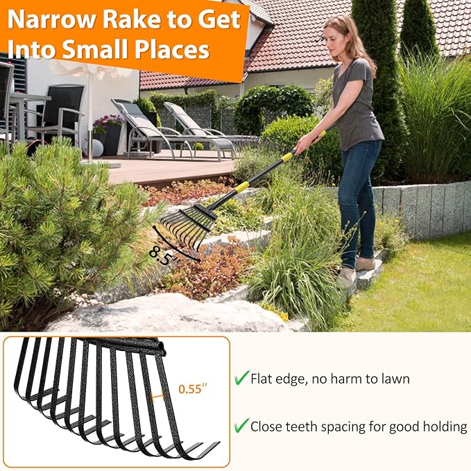 Rake for Leaves - 11 Tines Heavy Duty Metal Small Narrow Leaf Rakes, Adjustable Garden Rake for Lawns Yard Flower Bed Grass Mulch Shrub Camping Gardening 65inch