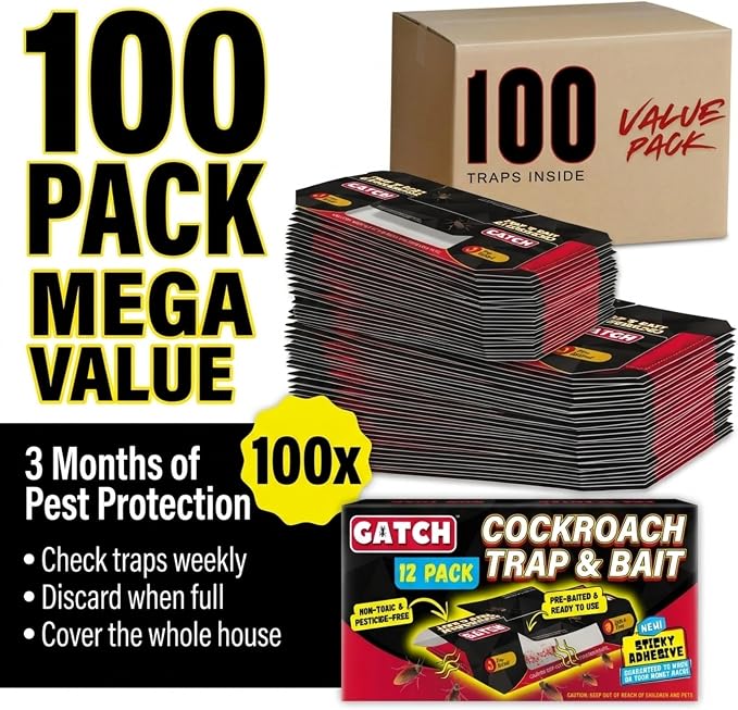 GATCH Roach Traps Indoor (100 Pack), Sticky Baited Cockroach Traps, Roach Killer Indoor Infestation, Adhesvie Glue Traps for Roaches, Insects, Home Bug Ant Spider Cricket, Child & Pet Friendly