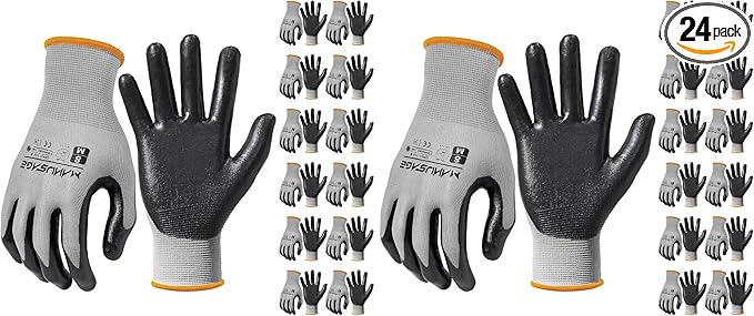 MANUSAGE Safety Work Gloves for Men and Women - Nitrile With Touchscreen Fingers and Grip - Mechanics Gloves (Size-XL, Grey, 12 Pairs)