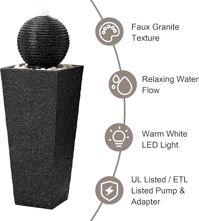 Glitzhome Outdoor Water Fountain, 40.25"H Modern Geometric Pedestal and Sphere Polyresin Waterfall Fountain, Outdoor Fountain with Pebbles, Pump and LED Light for Patio, Backyard, Garden, Deck(Black)