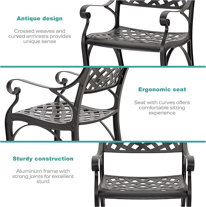 NUU GARDEN Patio Dining Chairs Set of 2, Aluminum Outdoor Indoor Patio Chairs with Arms for Garden, Backyard, Porch, Black