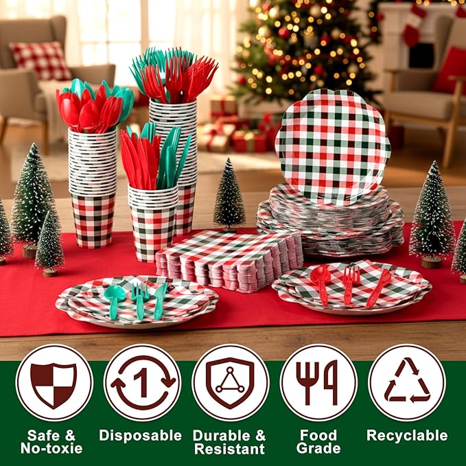 Funnymoom 400 Pcs Christmas Party Supplies for 50 Guests Gingham Paper Plates and Napkins Knives Spoon Fork Cup Disposable Checkered Dinner Party Cutlery for Baby Shower Wedding Favor (Red and Green)