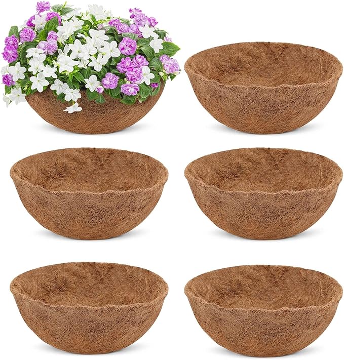 6 Pcs 8inch Coconut Fiber for Plants Round Hanging Basket Liner Wall Planter Insert Replacement Coco Coir Liner for Window Box, 100% Natural Coconut Fiber Fence Flower Baskets Pot (6, 8 inch)