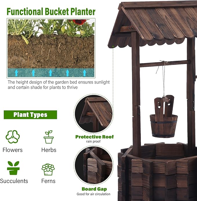 Notume Garden Wooden Decor Rustic Wishing Well Planter Outdoor Home Décor for Patio, Upgrade Wishing Well Garden, Yard Hanging Bucket Patio Lawn Backyard Home Decor