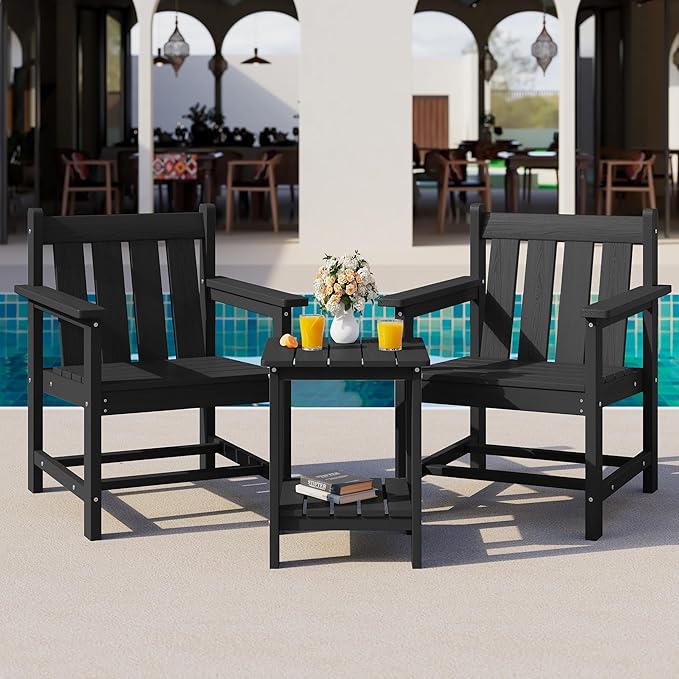 SEWRWALL 3 Pieces Patio Bistro Set, All Weather Adirondack Chair Set with Side Table, HDPE Material Outdoor Patio Furniture Set for Balcony, Porch, Garden, Backyard- Black