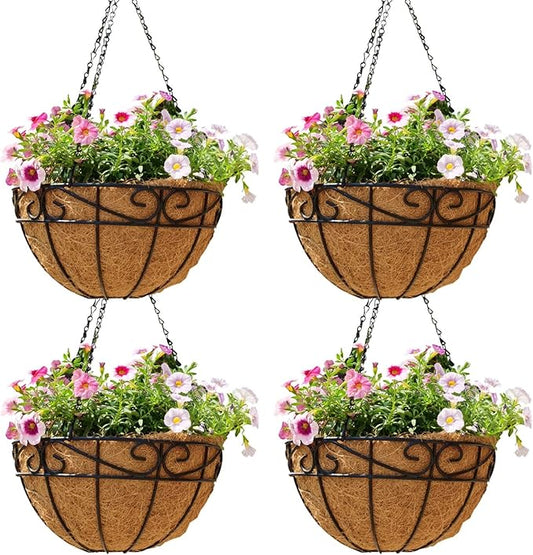 10 inch Metal Hanging Baskets For Plants Outdoor 4 Pack Round Metal Wire Hanging Basket Planter with Coco Fiber Liners Chain Round Wire Plant Holder for Garden, Patio, Deck, Porch Plants Flower Potsss