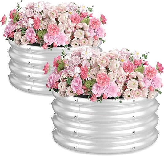 2 x 2 x 1 ft Round Metal Raised Garden Bed, Silver 2 Pack Heavy Duty Galvanized Steel Planter Box with Safety Edge Trim for Vegetables Flowers Herbs Outdoor Garden