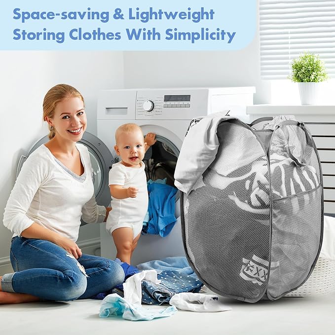 2 Pack Pop Up Laundry Hampers, 70 L Collapsible Foldable Mesh Basket, Gray | Reinforced handles, breathable fabric, foldable, portable for dorm college travel camping cruise, dirty clothes, toys storage