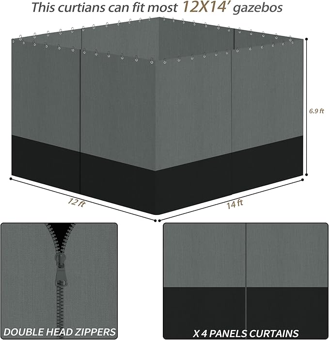 Gazebo Privacy Curtains 12 x 14' with Zipper 4-Panels Side Wall Universal Replacement for Patio, Outdoor Canopy, Garden and Backyard Gray and Black (Curtain Only)