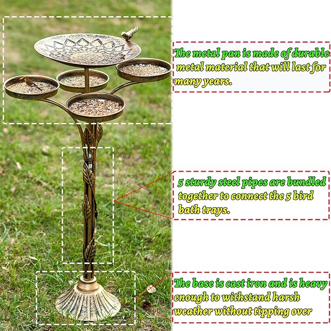 HOUYANG 33.5 "H Metal Bird Bath for Outside with 4-Bird Feeder & Cast Iron Base, BirdBaths for Outdoors,Garden Patio Decor for Yard