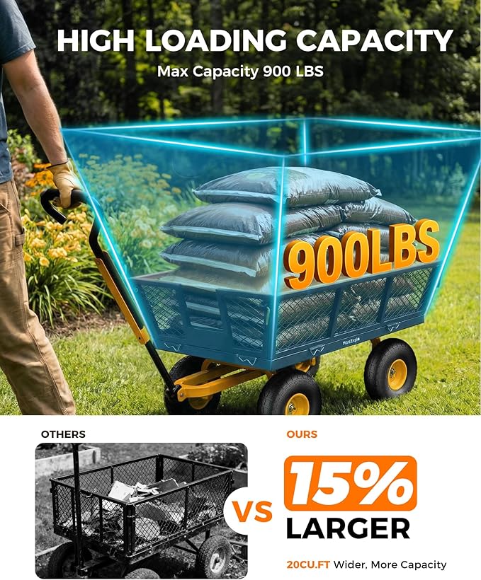 900 Lbs Heavy Duty Steel Garden Cart, Outdoor Metal Garden Wagon On Wheels, Utility Yard Cart with Mesh Removable Sides(Convert to Flatbed) and Removable Handle (to Wheel Barrow), Dark