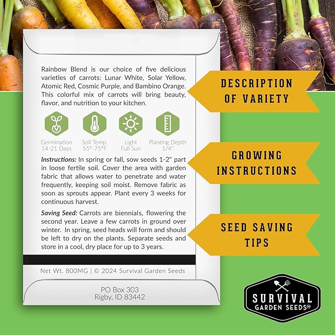 Rainbow Carrot Seeds for Planting – Colorful Heirloom Blend Including Purple, Yellow & Orange Carrots – High-Yield Non-GMO, Open-Pollinated Garden Vegetable – Survival Garden Seeds (1 Pack)