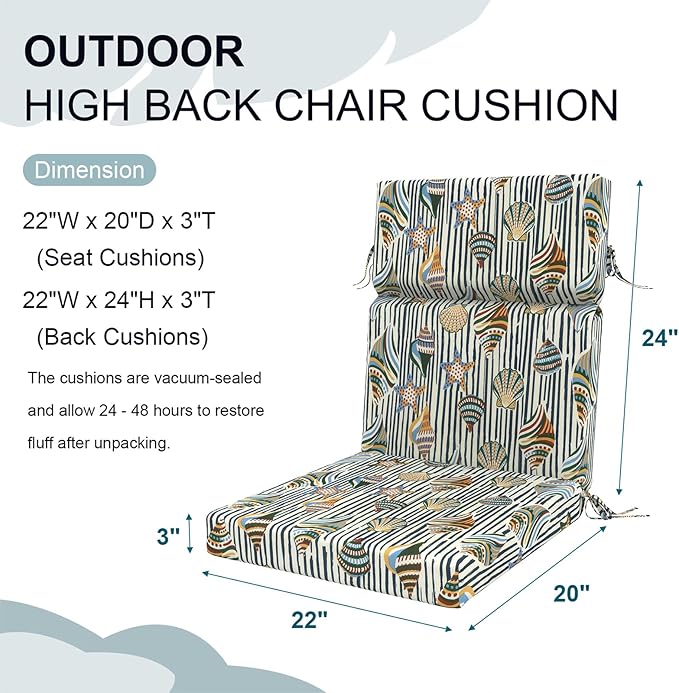 DYTXIII Outdoor High Back Chair Cushions Set of 2, 44"x22" Water Repellent Patio Seat Cushions with Elastic Sponge, All Weather Chair Pads for Rocking, Dining Chairs, Patio Furniture - Crayon Shells