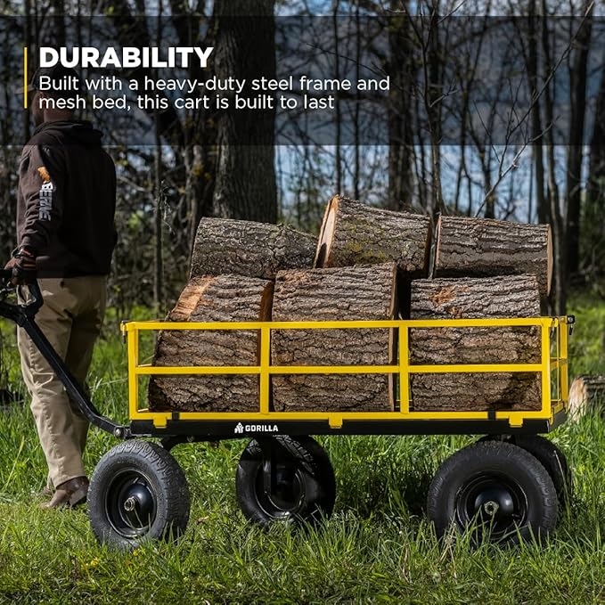 Gorilla Carts 1,400 lb Steel Utility Garden Cart, Heavy Duty 4-Wheel Yard Cart with Convertible 2-in-1 Handle & Removable Sides, 12 cu ft, Black/Yellow