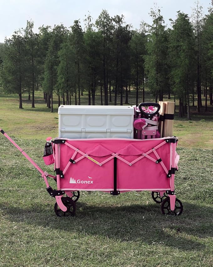 Gonex 220L Collapsible Foldable Wagon Cart with 360lbs Weight Capacity, 38''L Folding Utility Garden Cart with Detachable Wheels for Grocery Sports Shopping Camping - Pink