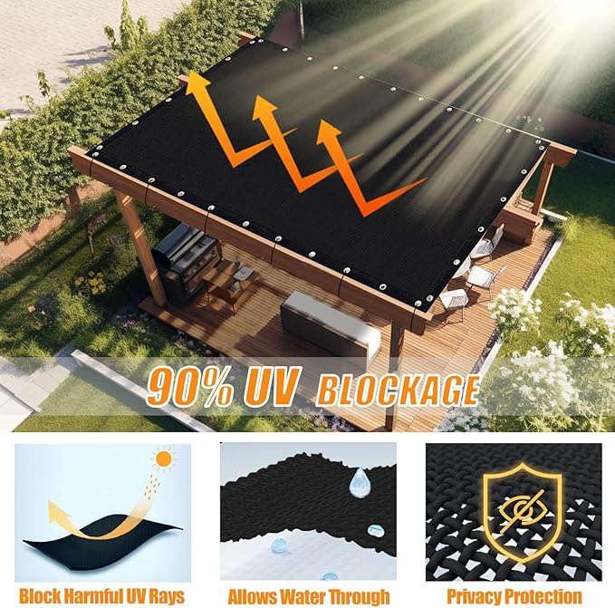 KANAGAWA 90% Sun Shade Cloth 12'X 12' Outdoor Pergola Shade Cover Canopy with Grommets UV Block Privacy Screen for Patio, Backyards, Outdoor, Carport, Garden, Black