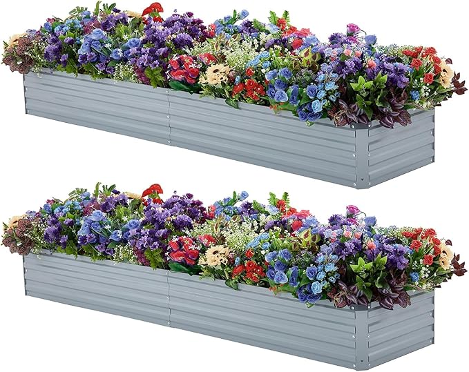Meberam 2 Pack 6x1.5x1FT Galvanized Raised Garden Bed Kit, Outdoor Metal Planter Box for Vegetables, Bottomless Rectangular Gardening Bed with Support Rods, Tool-Free Assembly, Gray
