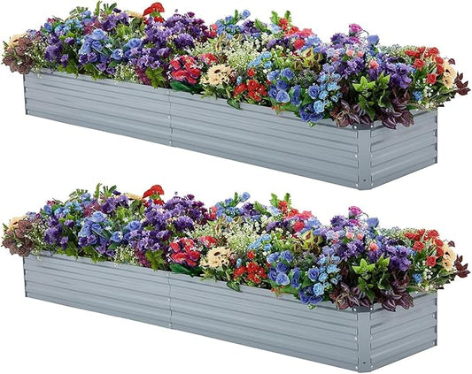 Meberam 2 Pack 8x2x1FT Galvanized Raised Garden Bed Kit, Outdoor Metal Planter Box for Vegetables, Bottomless Rectangular Gardening Bed with Support Rods, Tool-Free Assembly, Gray
