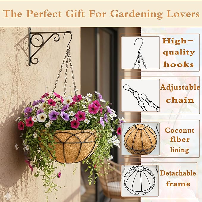 2 Pack Hanging Planter Basket for Outdoor Plants 12 Inch Metal Hanging Baskets for Coconut Coir Round Hanging Baskets for Garden Porch Balcony Indoor Outdoor (Lotus)