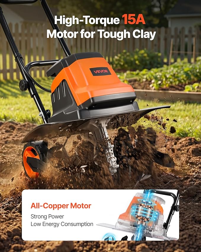 VEVOR Corded Electric Tiller, 18 Inch Tilling Width Garden Rototiller, 15-Amp Motor Heavy-Duty Tilling Machine, Cultivator with Steel Tines and Foldable Handle, for Lawn, Yard, and Gardening Care