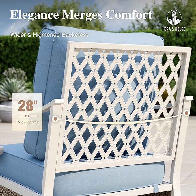HERA'S HOUSE Patio Chairs Set of 2, High Back Outdoor Metal Frame Chairs with Cushions, All Weather Outdoor Patio Furniture for Lawn Garden Backyard Deck, Blue