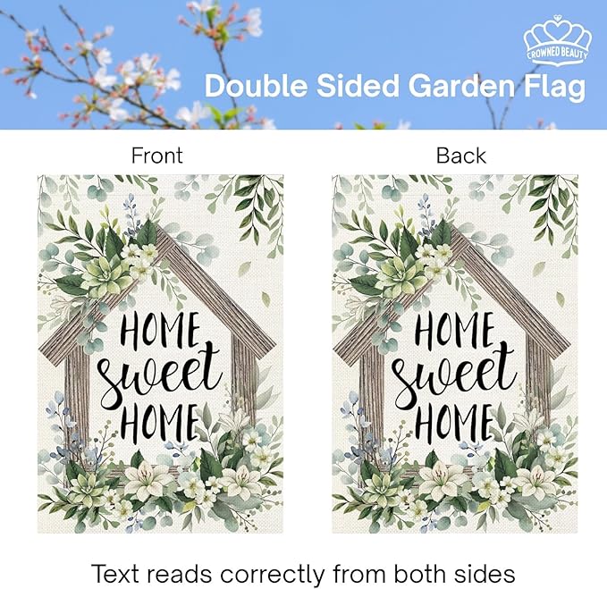 CROWNED BEAUTY Spring Home Sweet Home Garden Flag Eucalyptus Welcome 12x18 Inch Double Sided Small Floral Seasonal Holiday Decoration for Outdoor Lawn Yard