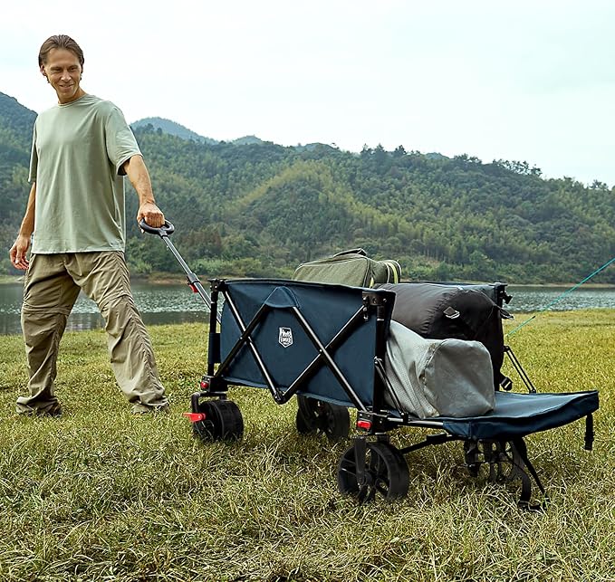 Timber Ridge 47" L Collapsible Wagon with Tailgate & Brake, 300 lbs Heavy Duty Beach Wagon with All-Terrain Big Wheels, 250L Foldable Utility Cart for Sand Camping Sports Shopping, Blue