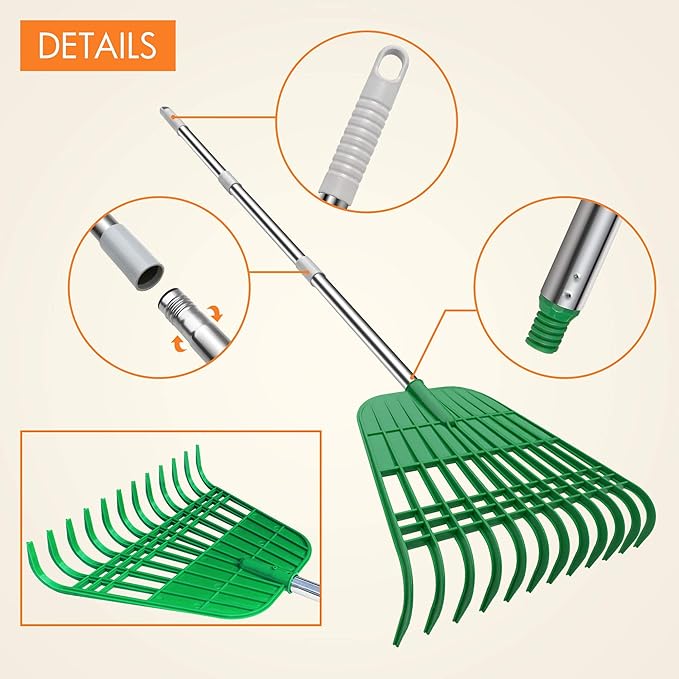 Gardzen 12 Tines Gardening Leaf Rake, Lightweight Steel Handle, Detachable, Ideal Camp Rake, Comes with Dustpan-Type Garden Bag, 2 Pack