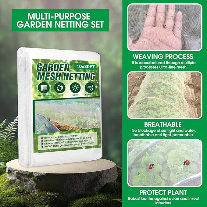 Garden Netting Kit, 10x30FT Ultra Fine Mesh Netting ＆6 Sets of 8FT Fiberglass Garden Hoops for Raised Beds, Vegetable Plants Fruits Flowers Birds Animals Barrier Protection Net