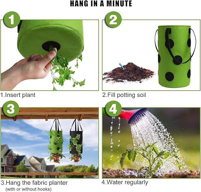 Homyhoo 2 Pack Black and Green Upside Down Tomato & Herb Planter, Hanging Durable Aeration Fabric Strawberry Planter Bags