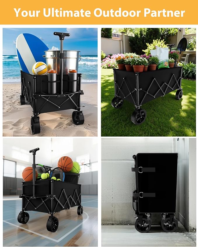 7.8 Cu ft Extra Large Foldable Wagon Cart, 360lbs Capacity, All-Terrain Beach Wagon with Big Wheels for Sand, Compact Fold Easy Storage, 220L Collapsible Utility Cart for Grocery Sports Garden Camping