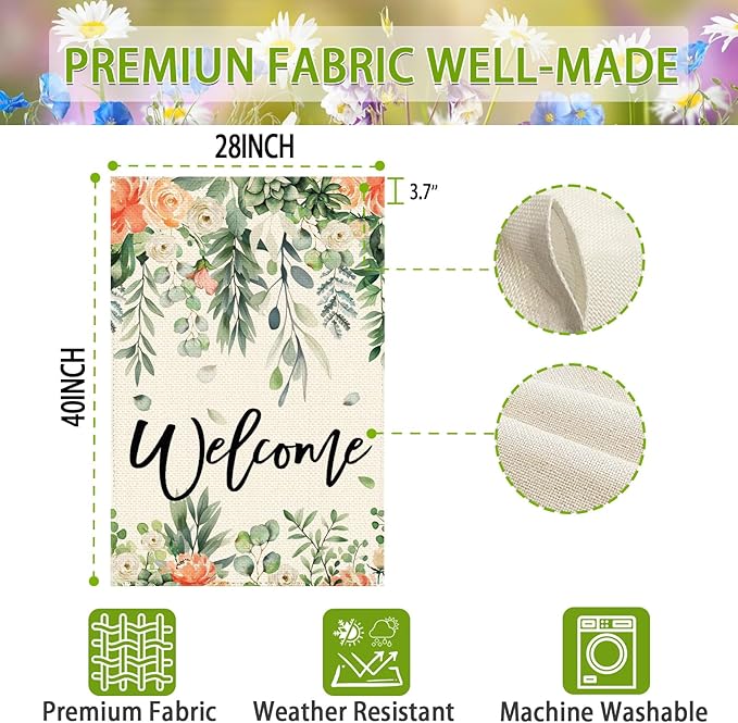 Summer Spring Eucalyptus Flowers Garden Flag 28 x 40 Inch Double Sided, Floral Farmhouse Burlap Large Yard House Flag Seasonal Holiday Outdoor Outside Decoration