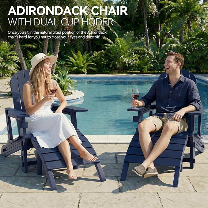 Vongrasig Adirondack Chairs Set of 2 with Removable Tabletop and Footrest, HDPE Plastic Outdoor Chair Set with Wooden Textured, Cup Holder for Patio, Poolside, Garden, Dark Blue, 5 Pieces