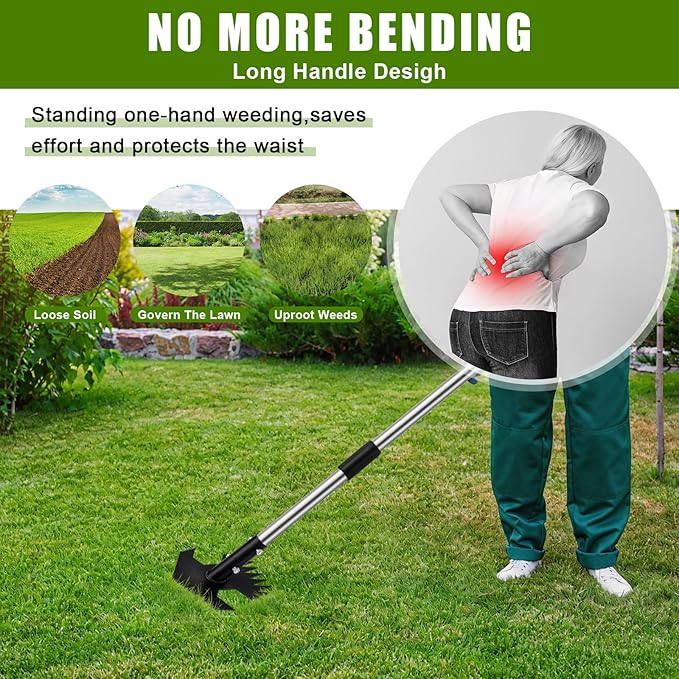 Adjustable 2-in-1 Garden Hoe with Rake & L-Shaped Crack Weeder Set, Stainless Steel Long Handle Weeding Tool for Stand up Soil Prep, Leveling and Yard Cleanup (No Bending Required)