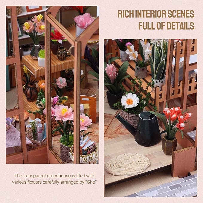 INSGEN Greenhouse Booknook Kit, DIY Miniature Dollhouse Building Set, 1:24 Scale Wooden Diorama Model, Tiny Street House Craft for Adults,Home Bookshelf Decor Gift