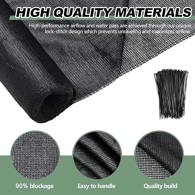 12 x 100 ft Black Shade Cloth Roll for Covering Garden 90% Mesh UV Resistant Net with Ties for Patio Outdoor Greenhouse Fence Flower Plant Cover Canopy